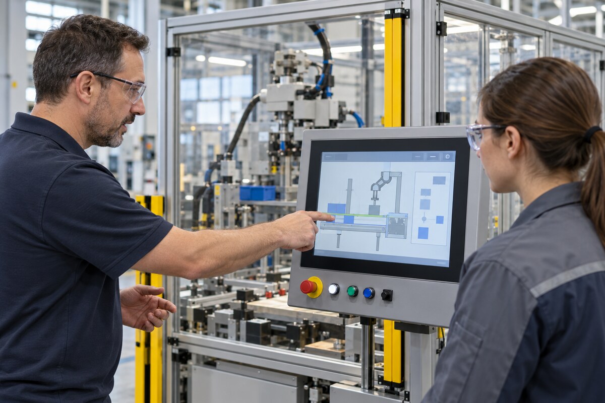 Operator training beside manufacturing equipment