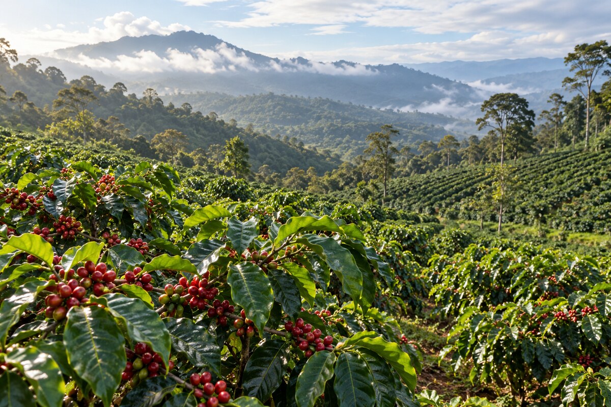 Indonesian coffee-growing landscape Coffee cultivation in an Indonesian highland landscape