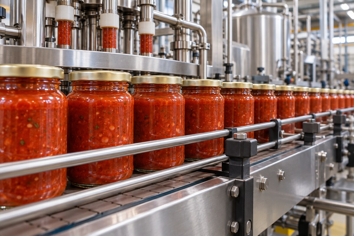 Pasta sauce jars on a production conveyor