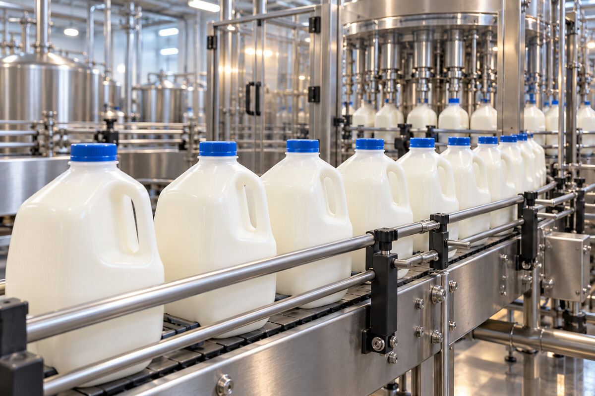 Milk jugs on a bottling conveyor